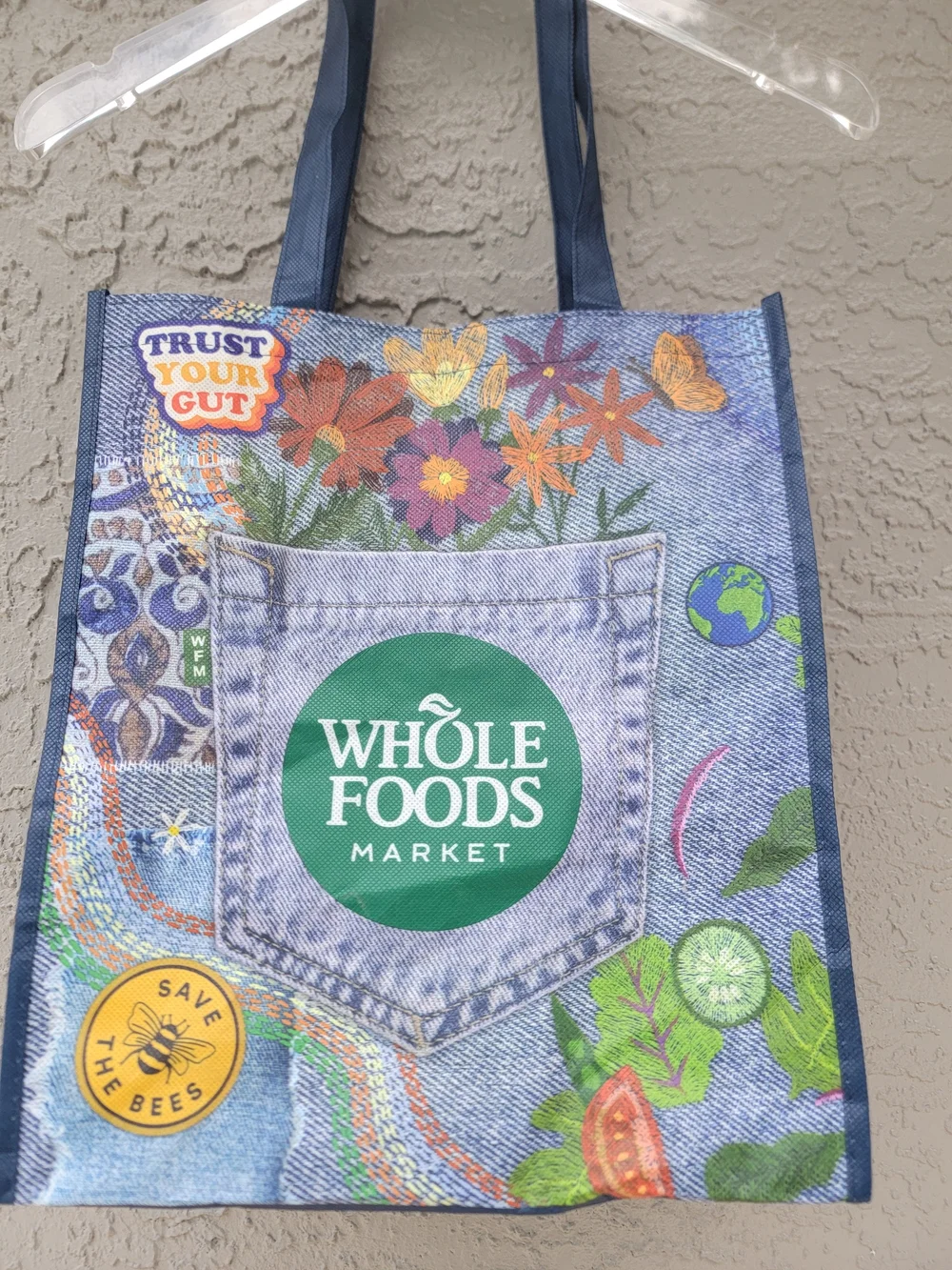 Whole Foods Denim Print Reusable Market Tote Bag Sustainable Grocery Carryall